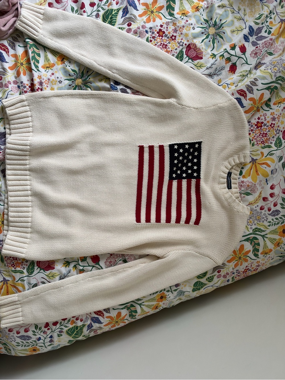 Brandy Melville Cream Crewneck Sweater with American Flag Intarsia